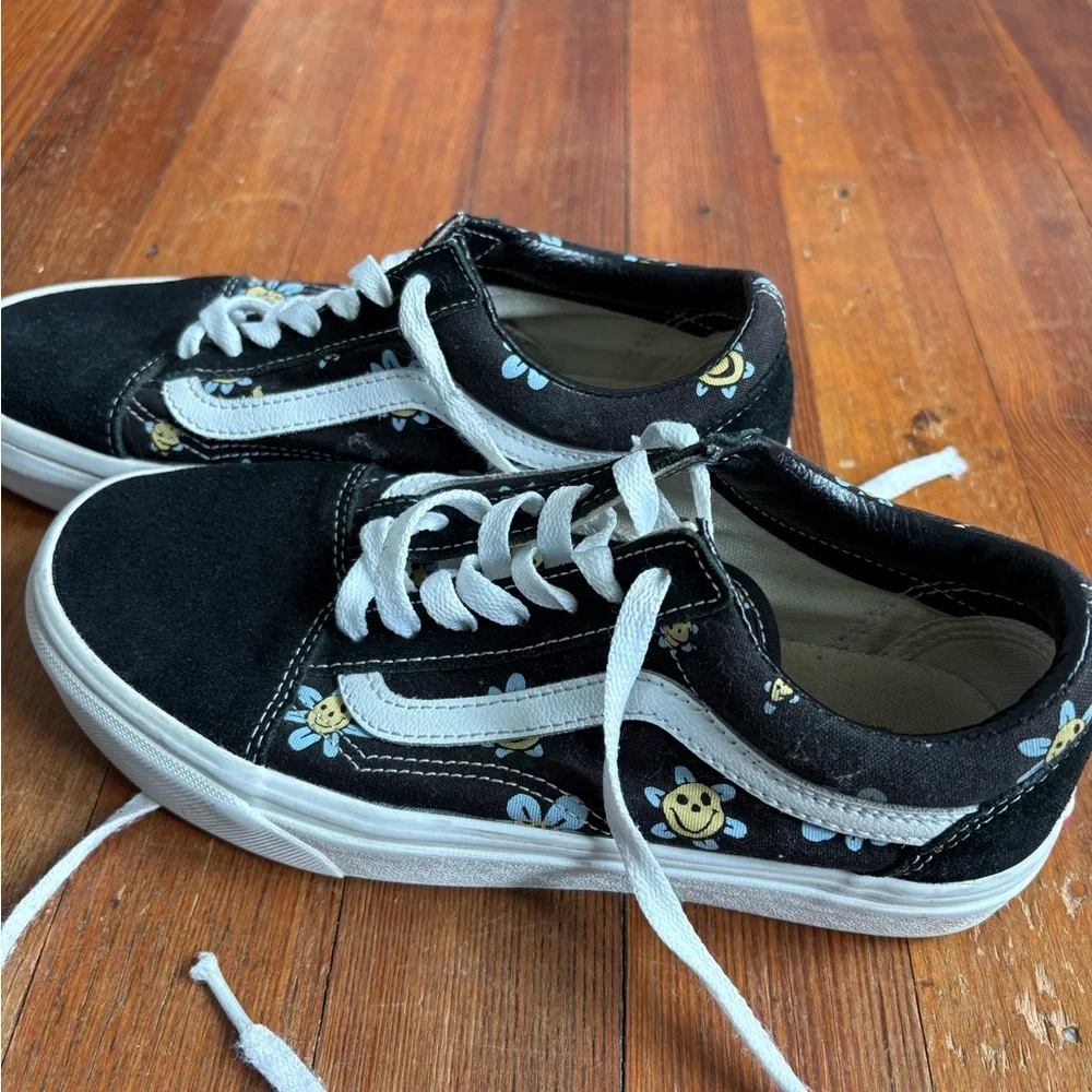 Kids Black Floral Smile Vans, 7